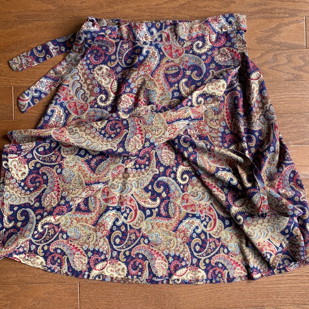 Vintage Wrap Skirt Paisley Print Tan 70s 80s Navy Tan Size Medium - Picture 6 of 9